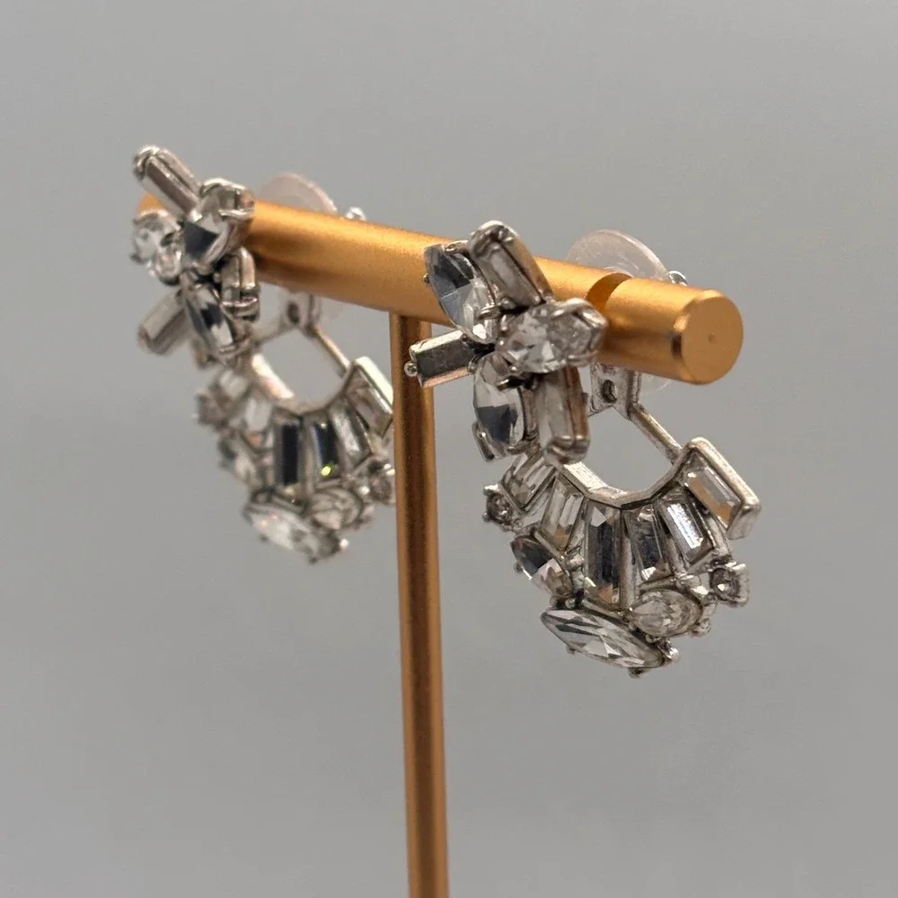 Stella Dot Earrings Fan Shape Crystal Statement Silver‎ Tone Studs Sparkle